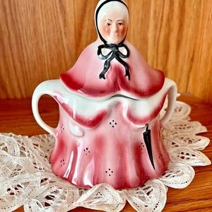 Vintage Sugar Bowl Figural  Little Old Lady Pink Tony Wood Staffordshire England